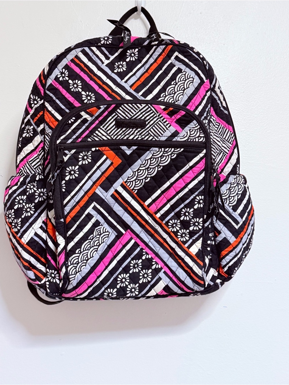 Vera Bradley Quilted Floral Stripe Backpack in Black, Pink & Orange